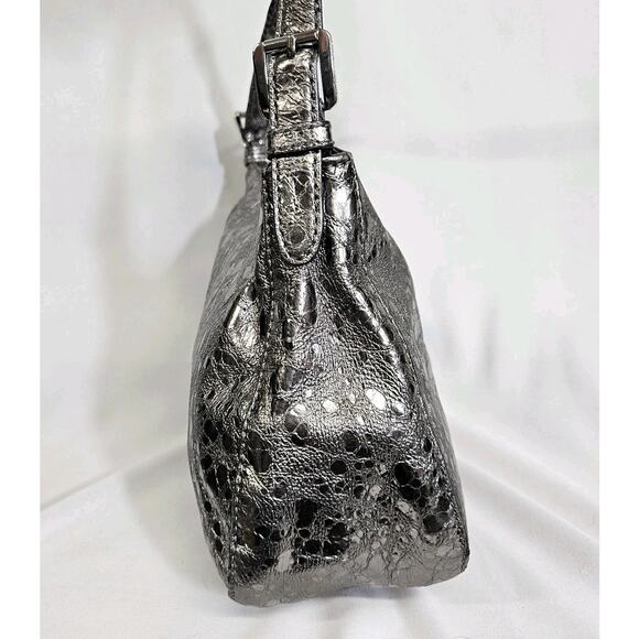 Michael Kors Silver Metallic Textured Patent Leather Logo Charm Shoulder Bag - Picture 3 of 15